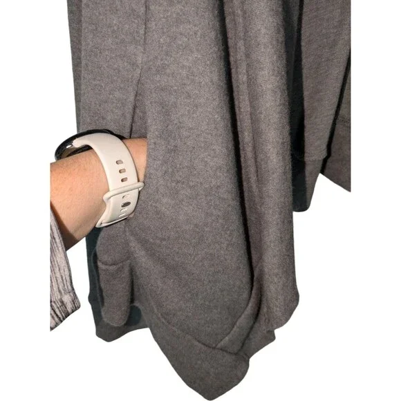 Check and Stripe Cardigan L Women's Gray Draped Open Front Pockets Sweater - Picture 2 of 8